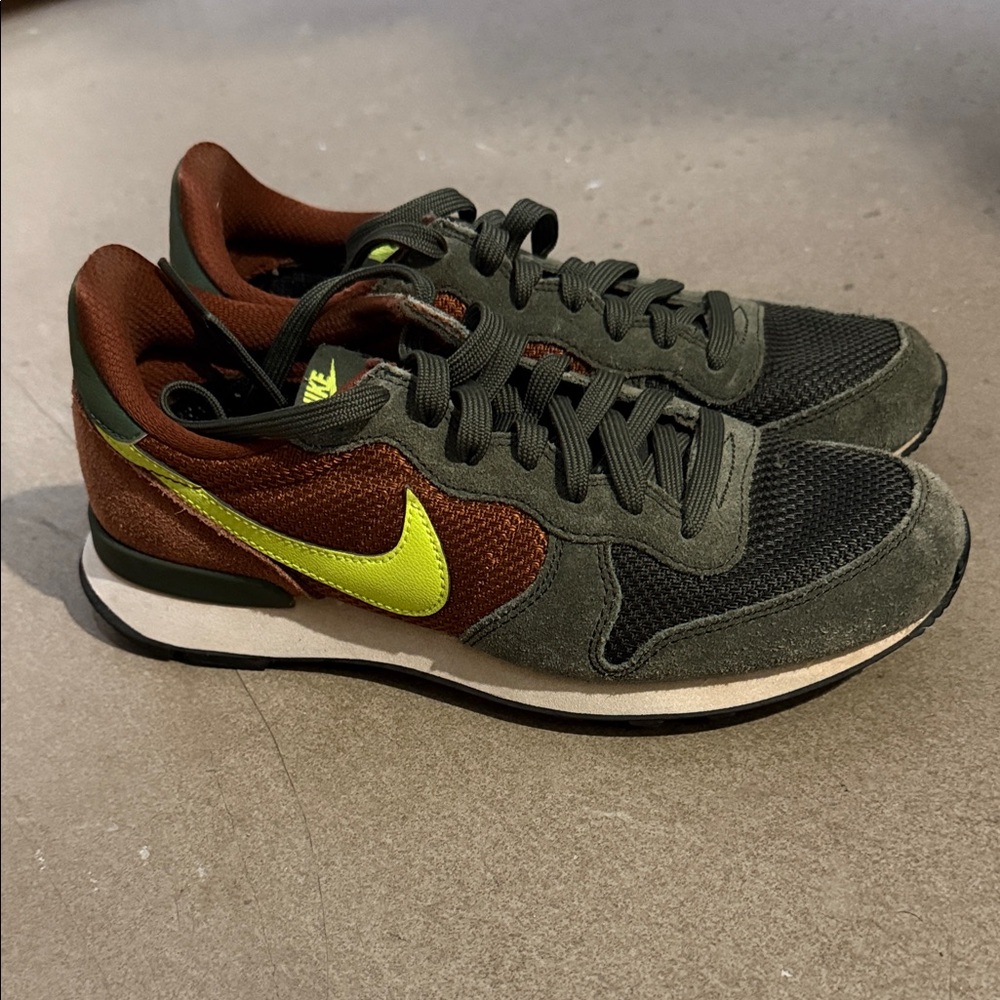 Nike Olive and Chestnut Sneakers with Neon Yellow Swoosh